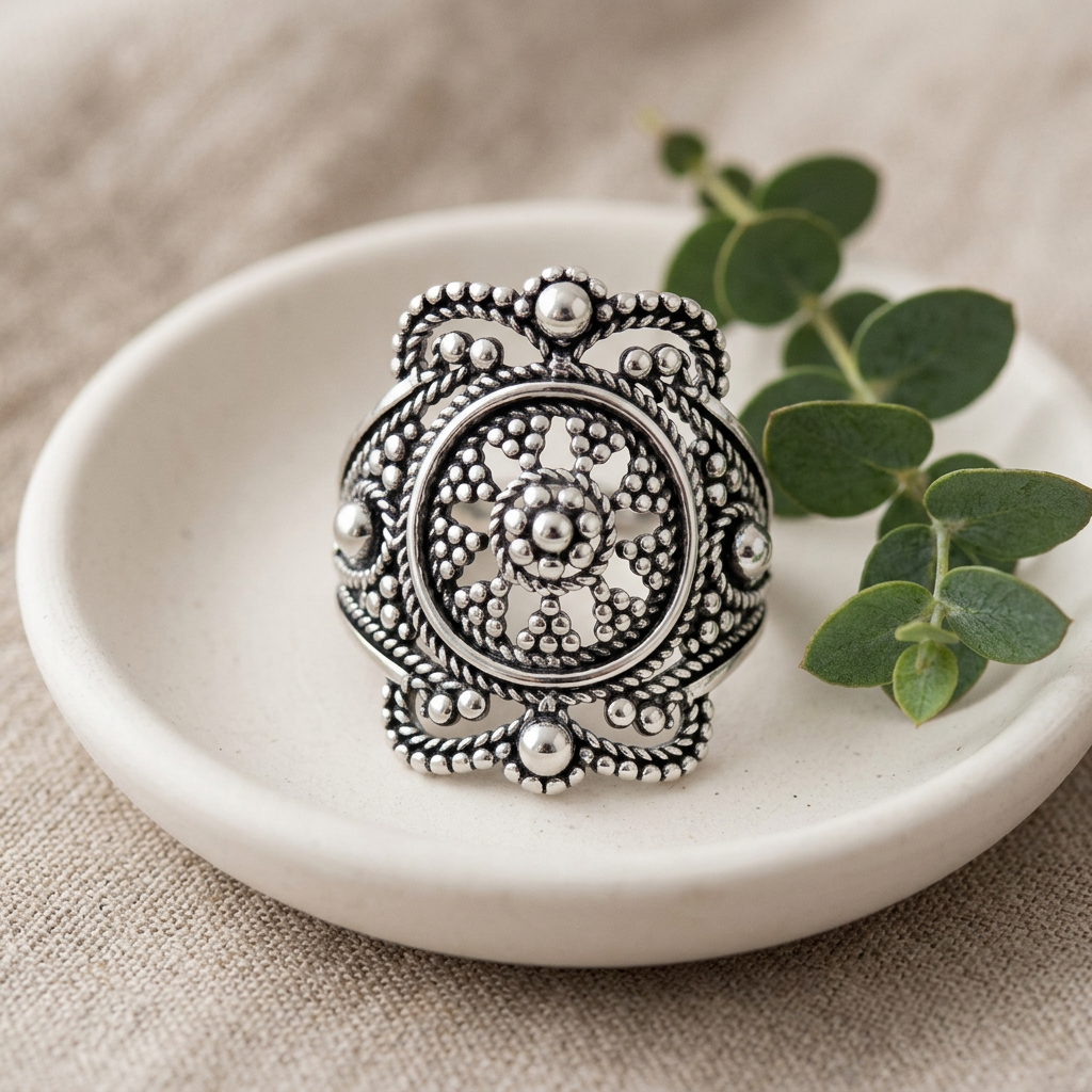 Sterling Silver 22.65mm Tall Oxidized Bali Beaded Shield Statement Ring for Women life2