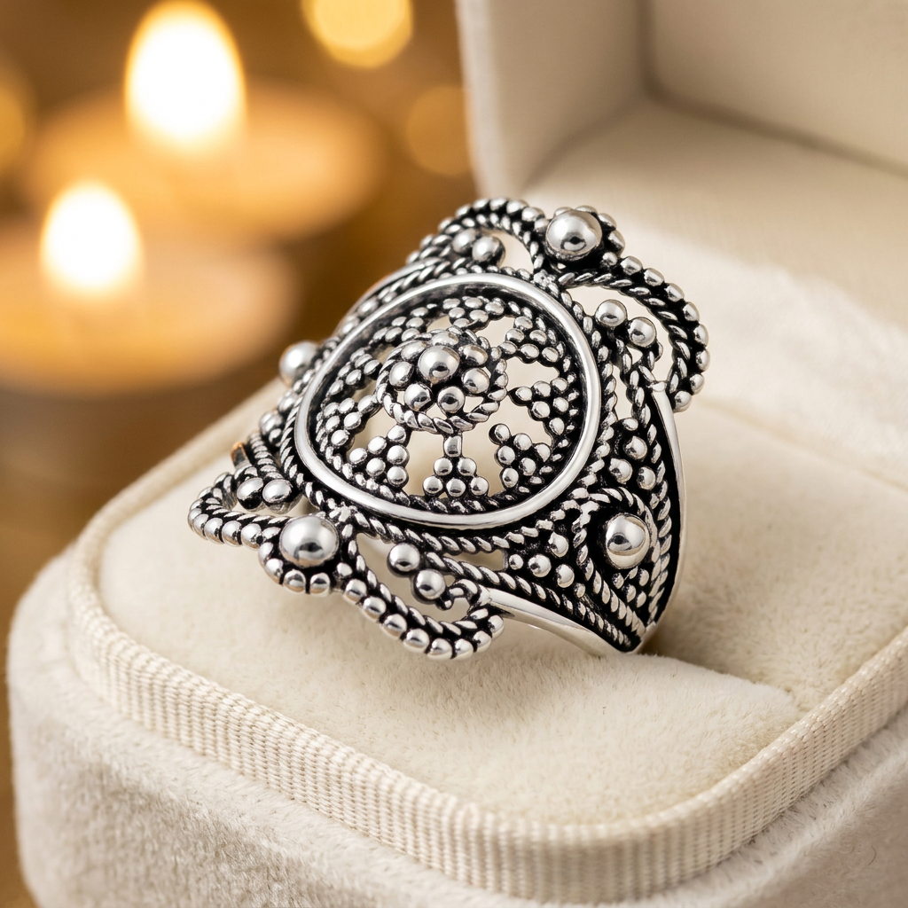 Sterling Silver 22.65mm Tall Oxidized Bali Beaded Shield Statement Ring for Women life3