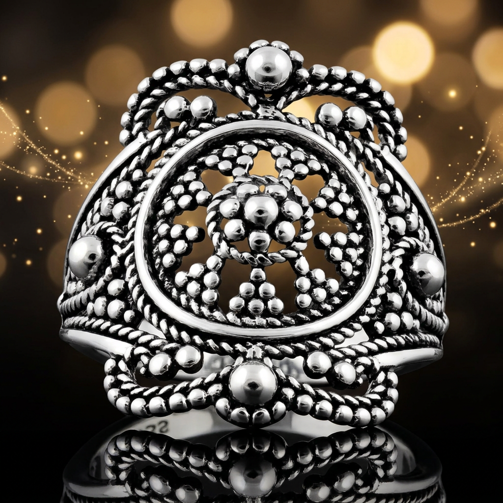 Sterling Silver 22.65mm Tall Oxidized Bali Beaded Shield Statement Ring for Women life4