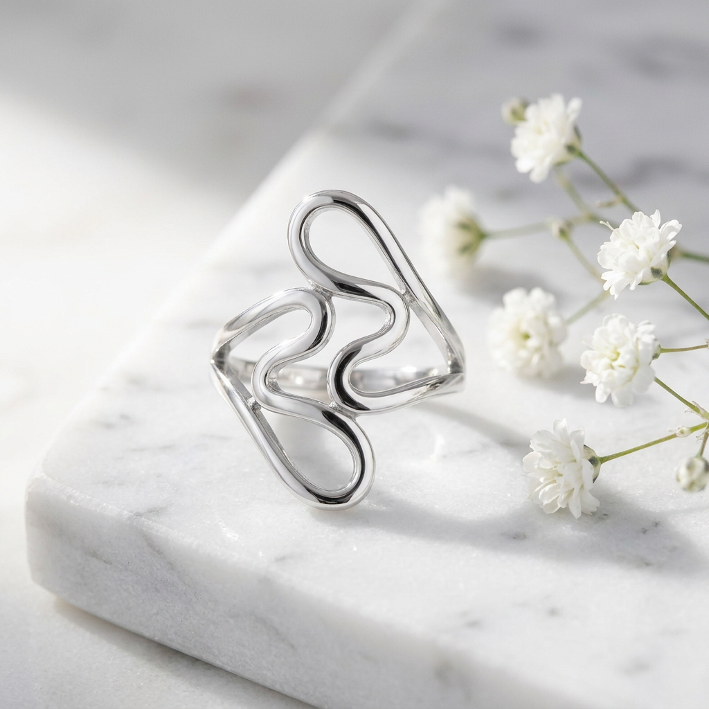 Sterling Silver Abstract Open Wavy Loop Long Statement Ring for Women life1