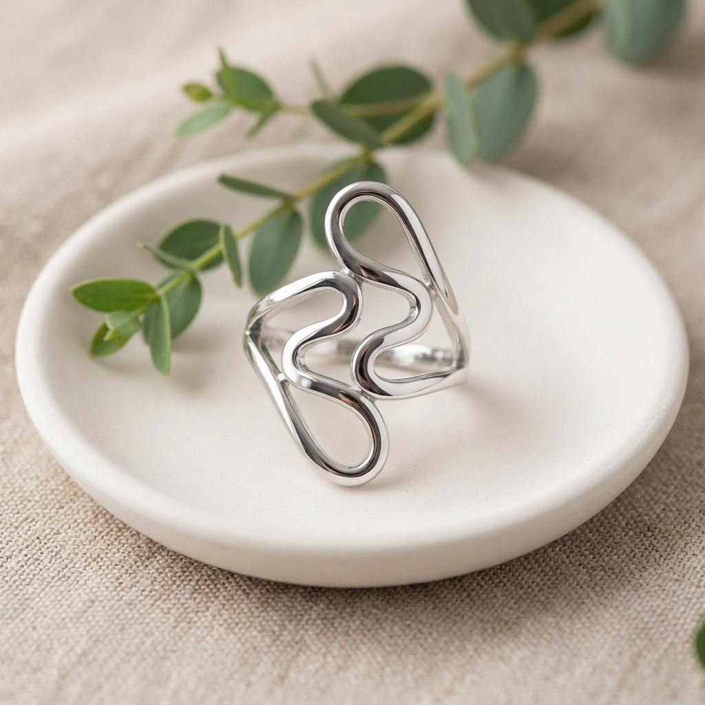 Sterling Silver Abstract Open Wavy Loop Long Statement Ring for Women life2