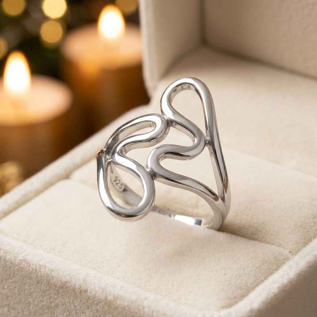 Sterling Silver Abstract Open Wavy Loop Long Statement Ring for Women life3