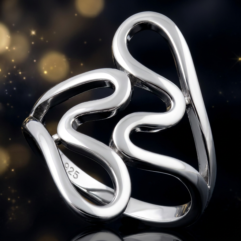 Sterling Silver Abstract Open Wavy Loop Long Statement Ring for Women life4