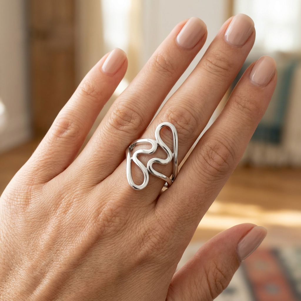 Sterling Silver Abstract Open Wavy Loop Long Statement Ring for Women model