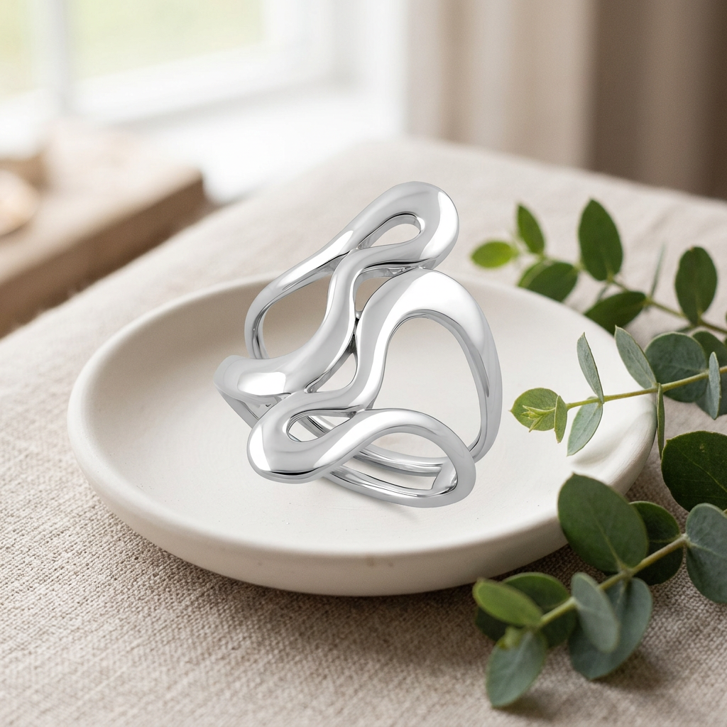 Sterling Silver 26.3mm Abstract Wavy Loop Open Split Shank Statement Ring for Women life2