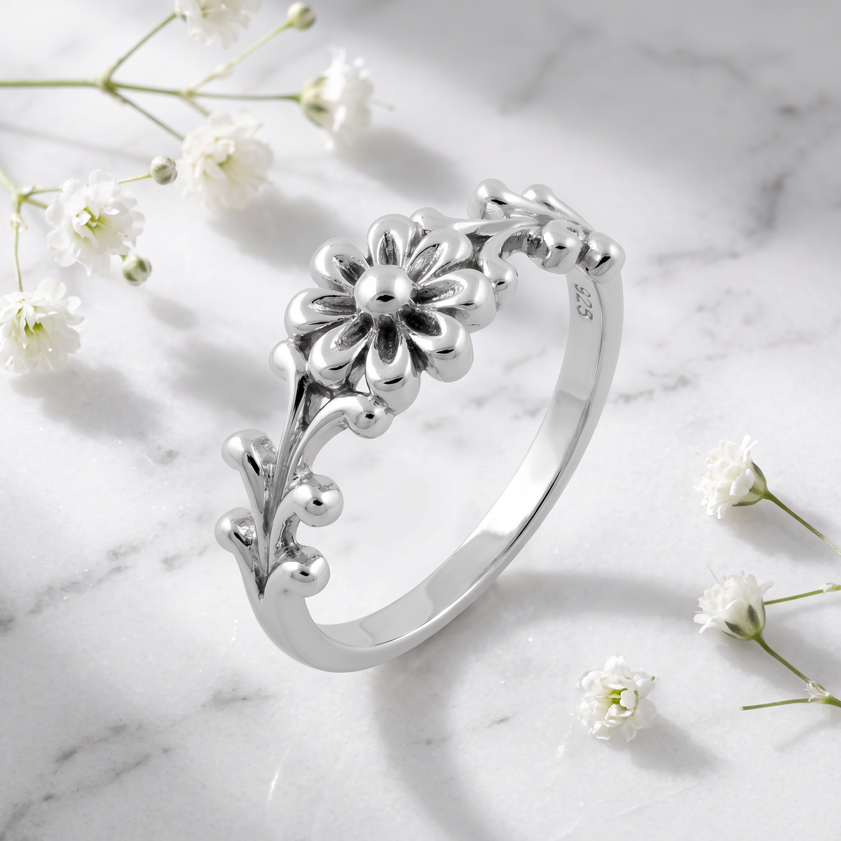 Sterling Silver Daisy Flower Scroll Ring for Women life1