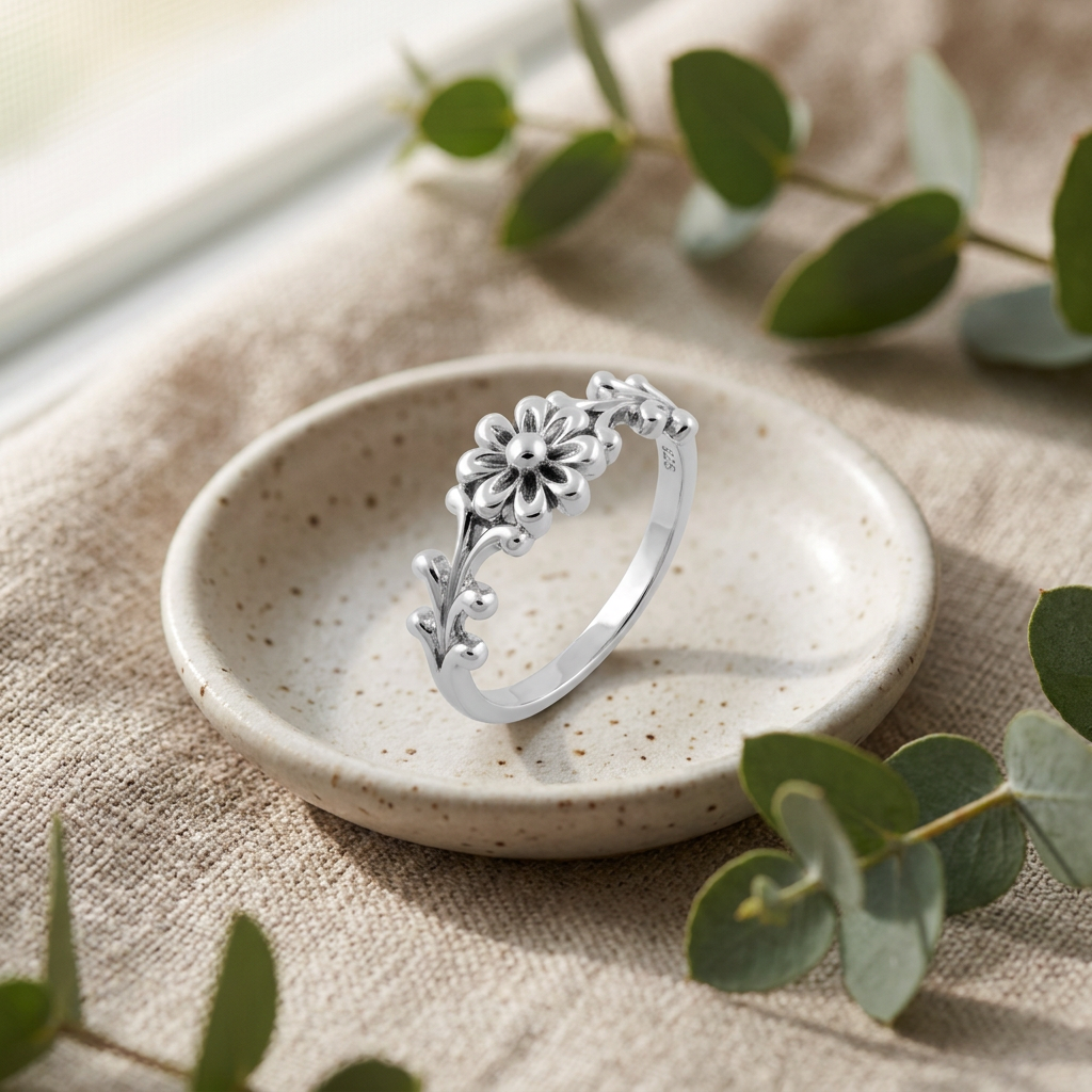Sterling Silver Daisy Flower Scroll Ring for Women life2
