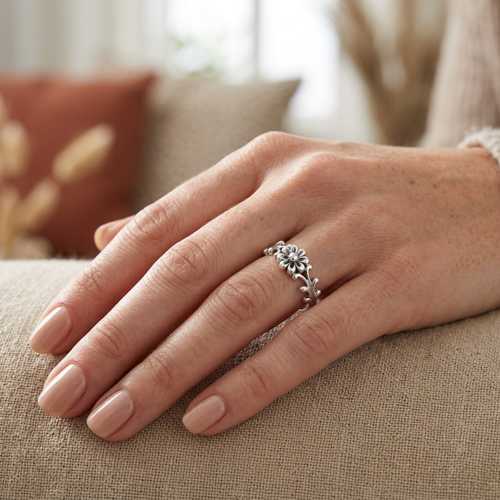 Sterling Silver Daisy Flower Scroll Ring for Women model