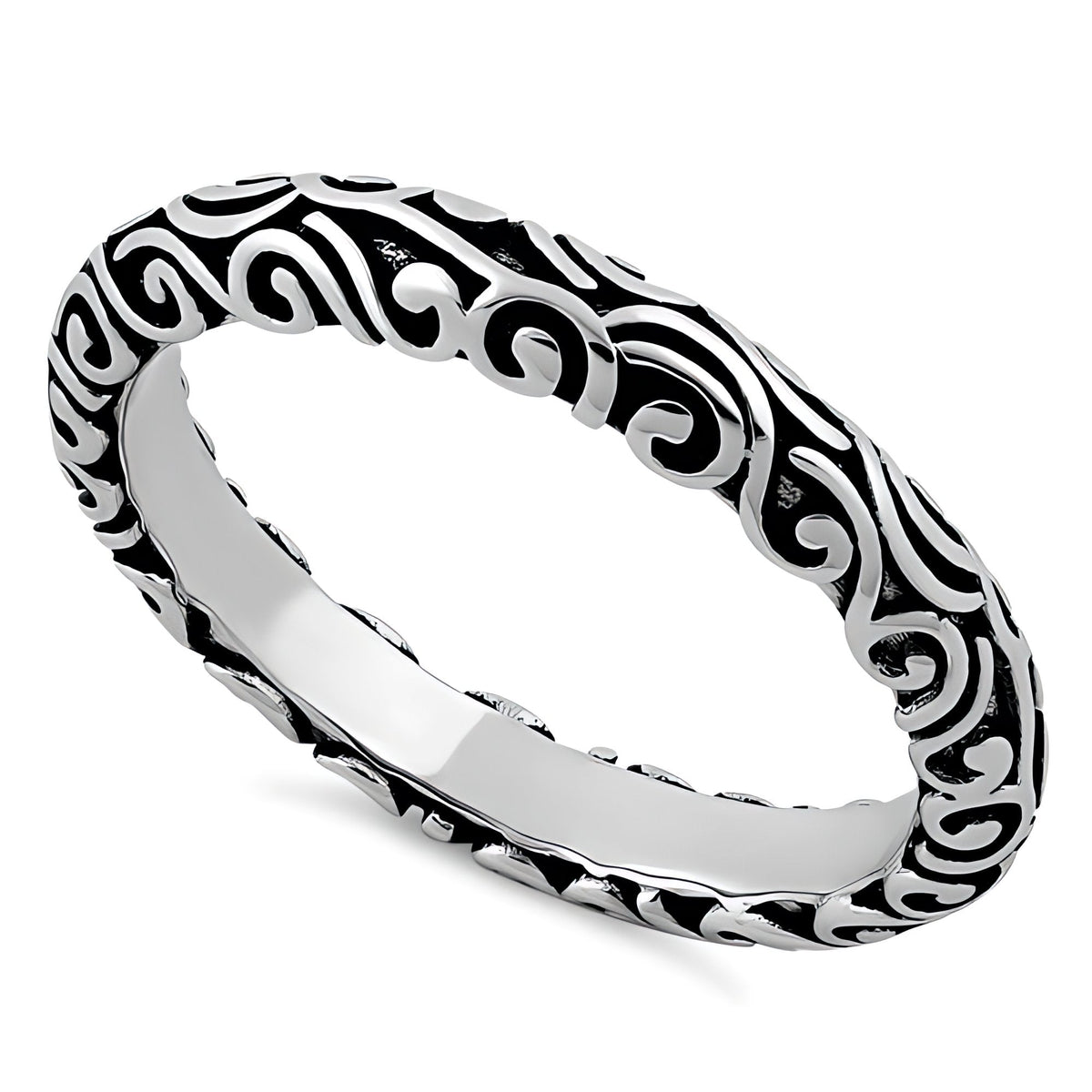 Sterling Silver 3.3mm Oxidized Bali Scroll Stacking Band Ring for Women