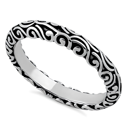 Sterling Silver 3.3mm Oxidized Bali Scroll Stacking Band Ring for Women