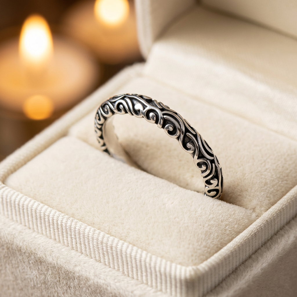 Sterling Silver 3.3mm Oxidized Bali Scroll Stacking Band Ring for Women life3