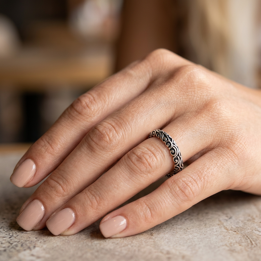 Sterling Silver 3.3mm Oxidized Bali Scroll Stacking Band Ring for Women model