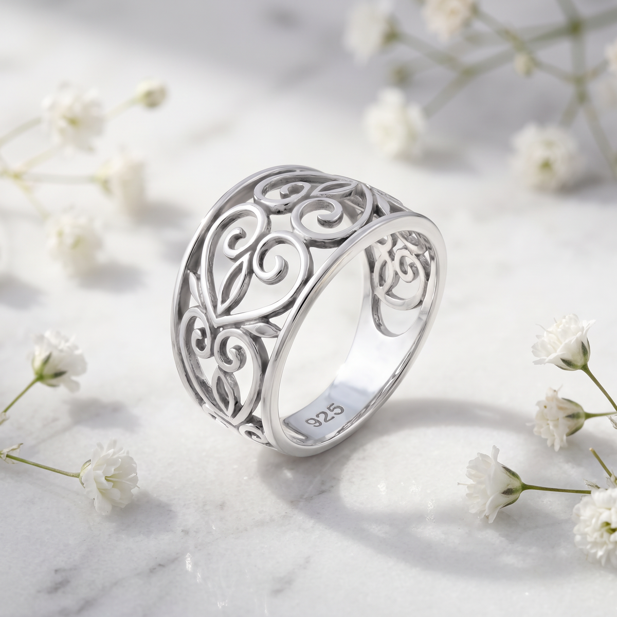 Sterling Silver Filigree Swirl Heart Wide Band Ring for Women life1