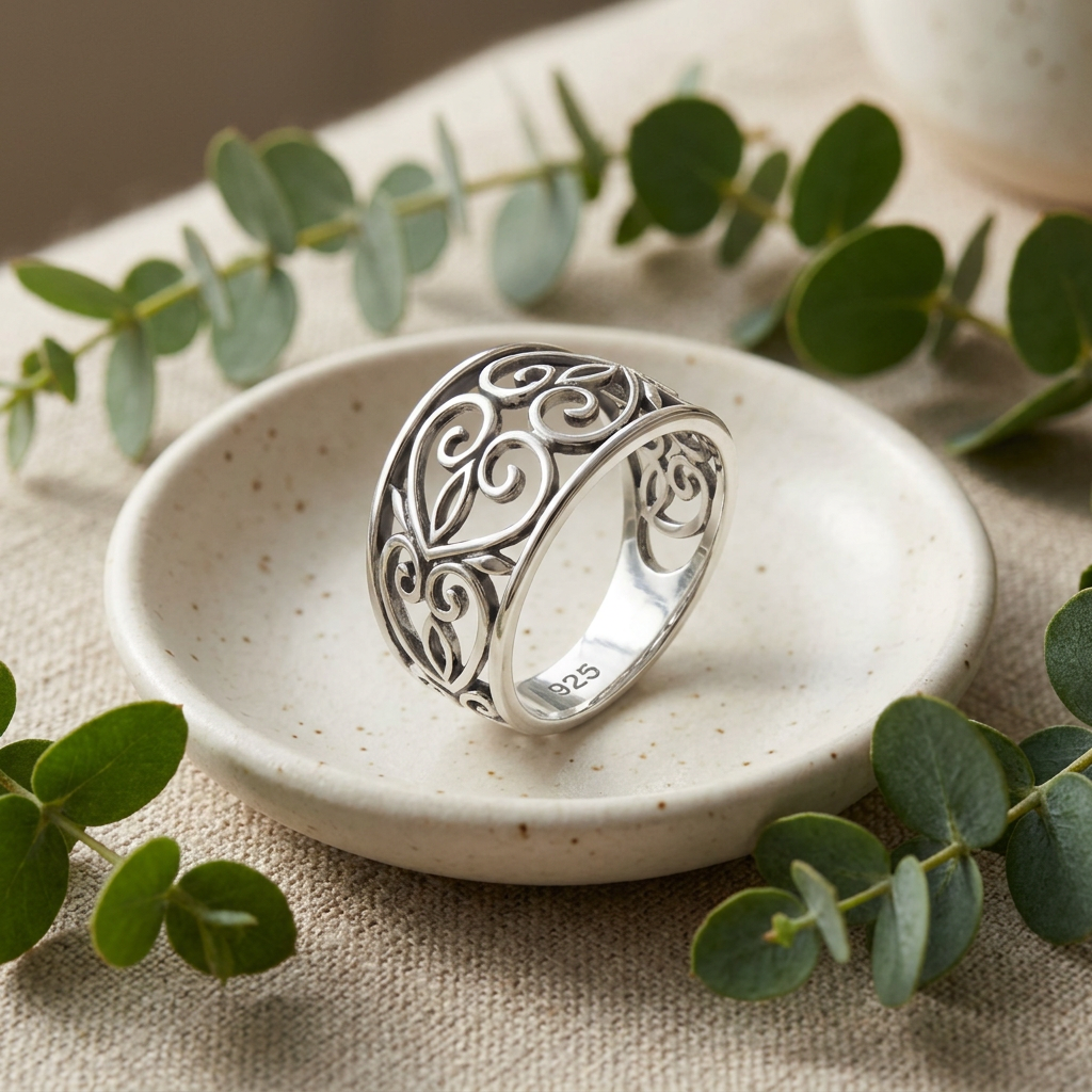Sterling Silver Filigree Swirl Heart Wide Band Ring for Women life2