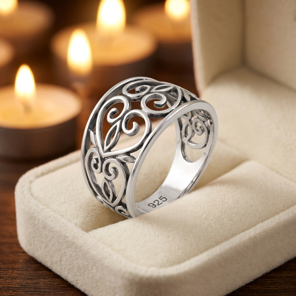 Sterling Silver Filigree Swirl Heart Wide Band Ring for Women life3