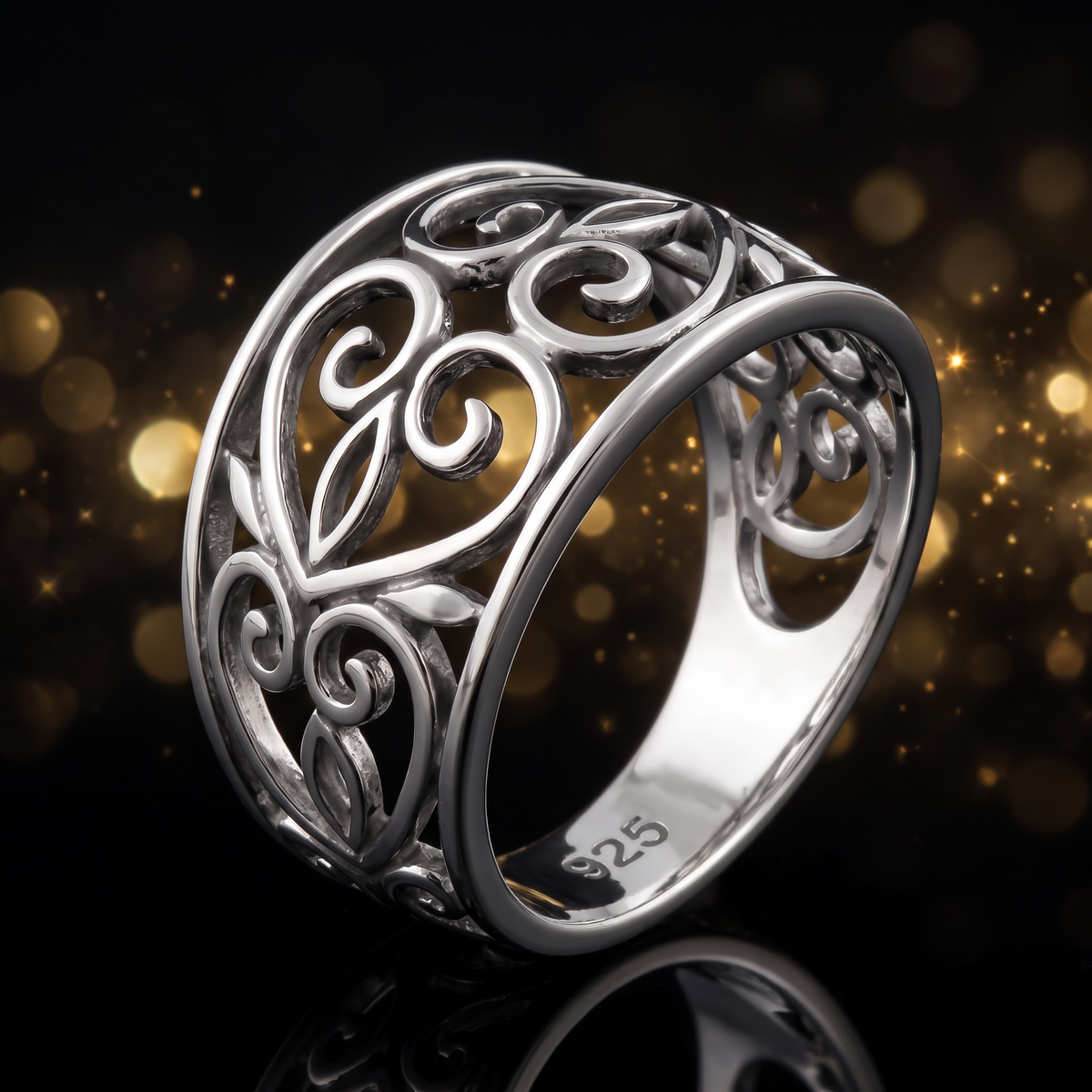 Sterling Silver Filigree Swirl Heart Wide Band Ring for Women life4