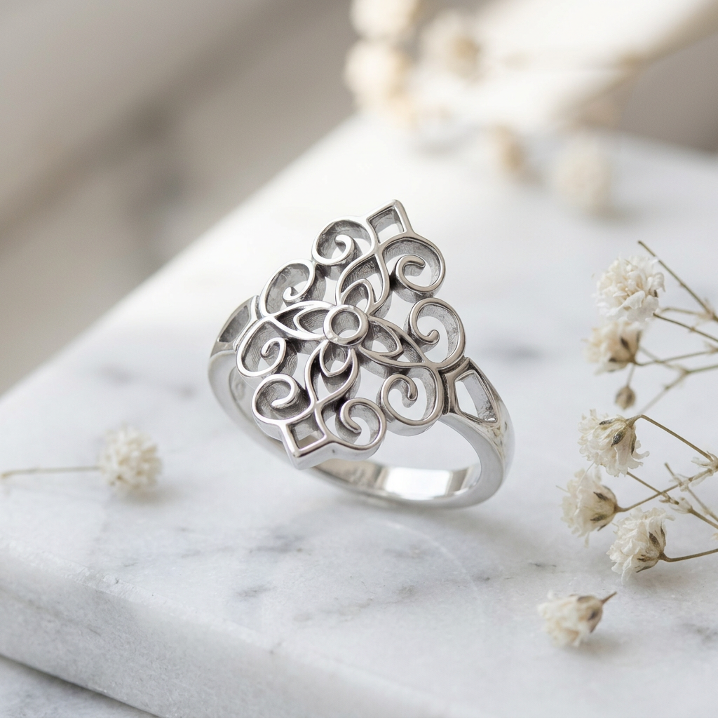 Sterling Silver Filigree Scroll Cross Medallion Statement Ring for Women life1