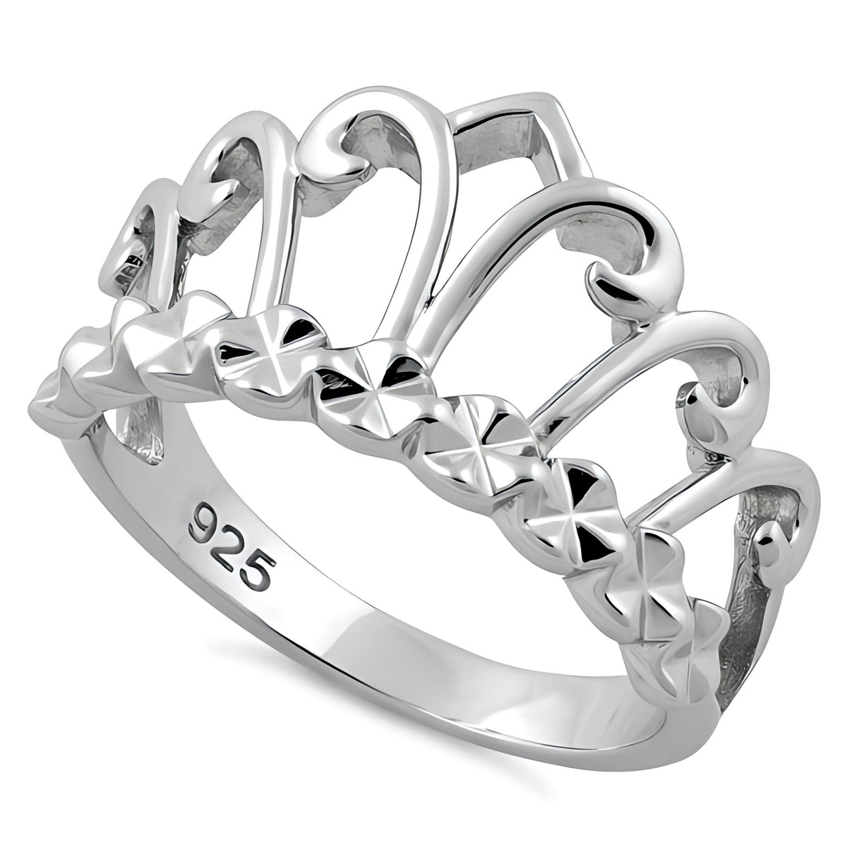 Sterling Silver Princess Tiara Crown Ring with Diamond Cut Hearts for Women