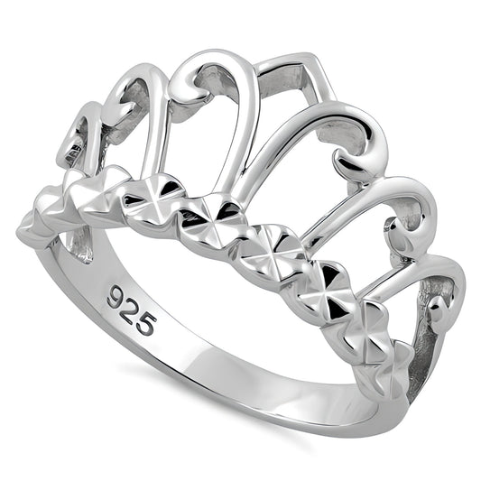 Sterling Silver Princess Tiara Crown Ring with Diamond Cut Hearts for Women