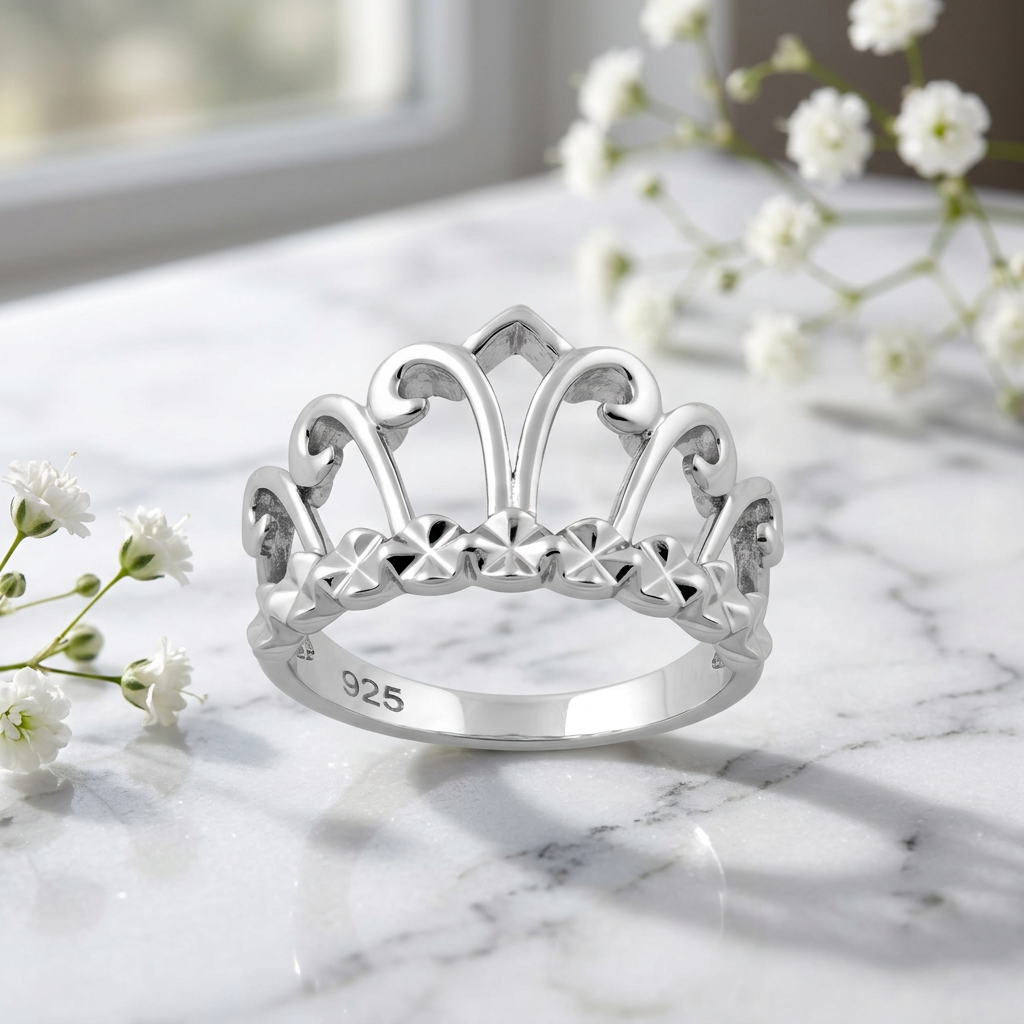 Sterling Silver Princess Tiara Crown Ring with Diamond Cut Hearts for Women life1