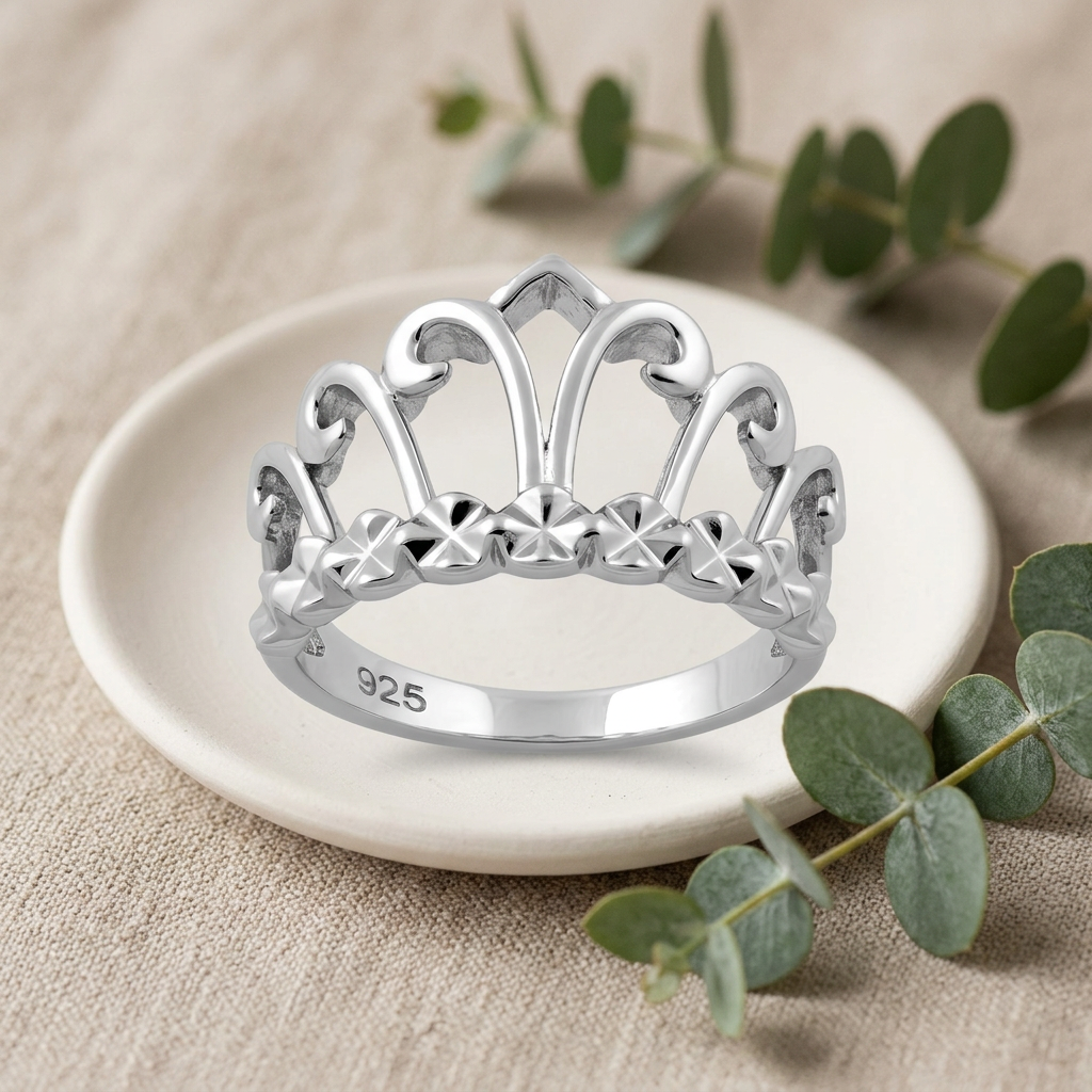 Sterling Silver Princess Tiara Crown Ring with Diamond Cut Hearts for Women life2