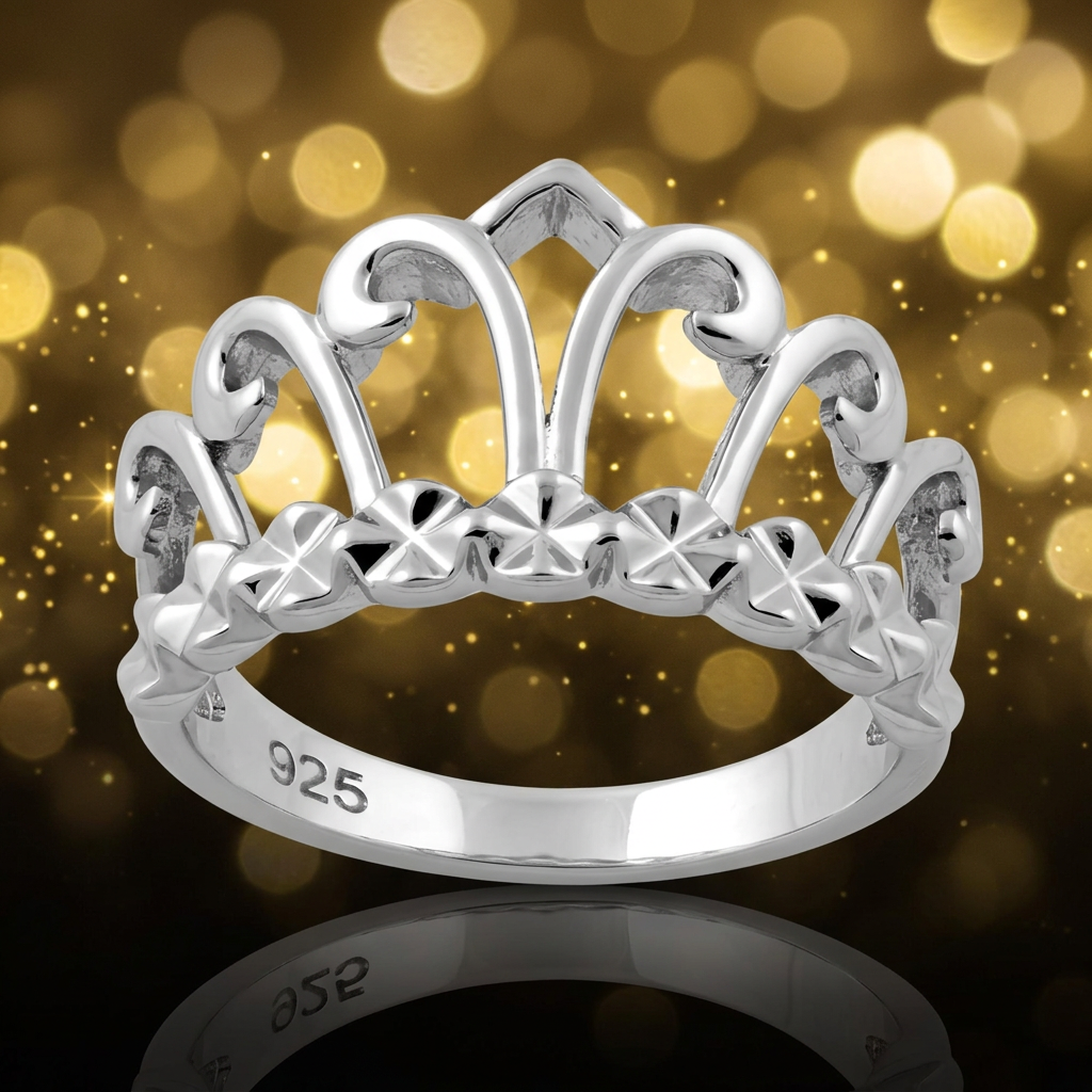 Sterling Silver Princess Tiara Crown Ring with Diamond Cut Hearts for Women life4