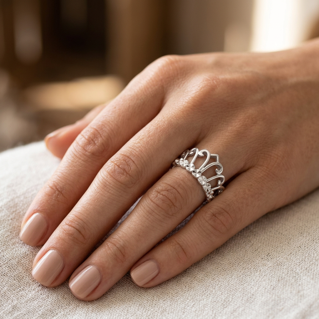Sterling Silver Princess Tiara Crown Ring with Diamond Cut Hearts for Women model
