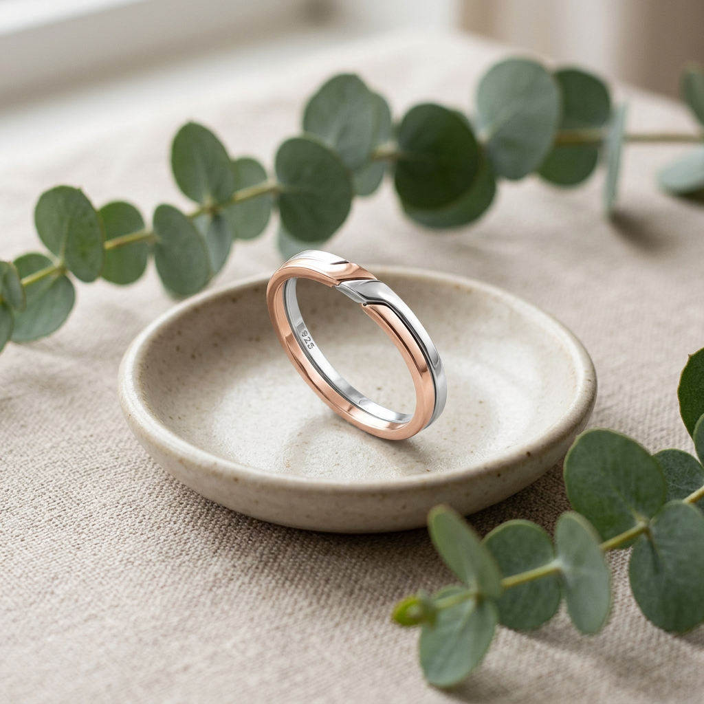Rose Gold Plated Sterling Silver 3mm Two Tone Puzzle Ring for Women life2