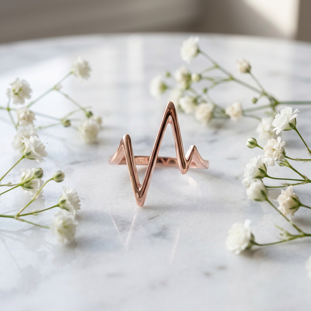 Rose Gold Plated Sterling Silver 22.8mm Tall Heartbeat EKG Line Ring for Women life1