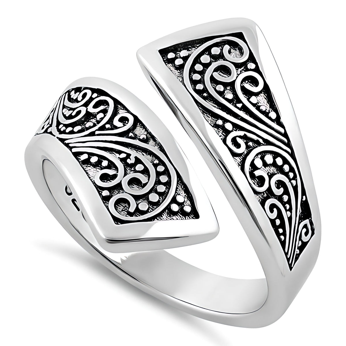 Sterling Silver 5.2mm Oxidized Bali Scroll Open Bypass Wrap Ring for Women
