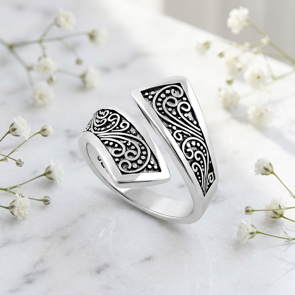 Sterling Silver 5.2mm Oxidized Bali Scroll Open Bypass Wrap Ring for Women life1