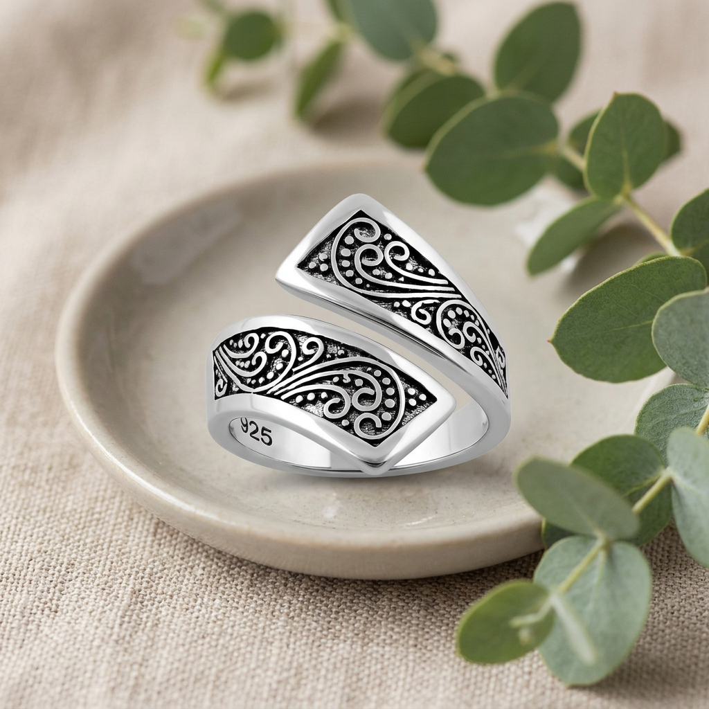 Sterling Silver 5.2mm Oxidized Bali Scroll Open Bypass Wrap Ring for Women life2