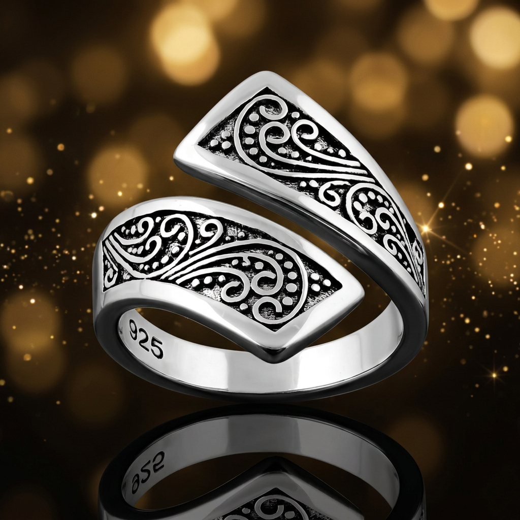 Sterling Silver 5.2mm Oxidized Bali Scroll Open Bypass Wrap Ring for Women life4