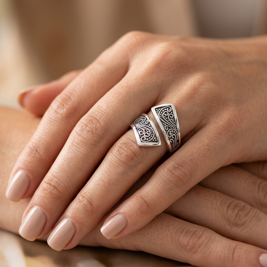 Sterling Silver 5.2mm Oxidized Bali Scroll Open Bypass Wrap Ring for Women model