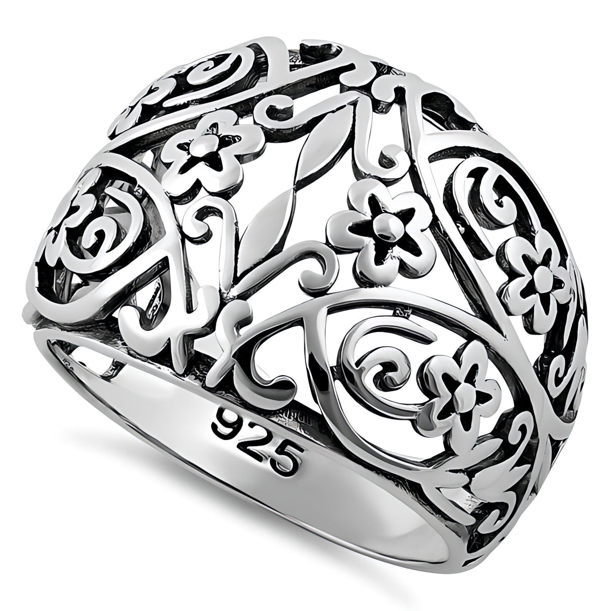 Sterling Silver 8.9mm Wide Oxidized Fleur de Lis Floral Filigree Dome Ring for Women