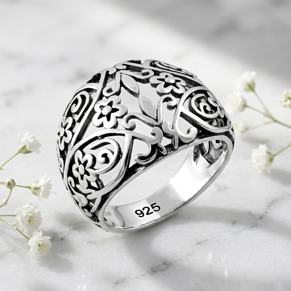 Sterling Silver 8.9mm Wide Oxidized Fleur de Lis Floral Filigree Dome Ring for Women life1