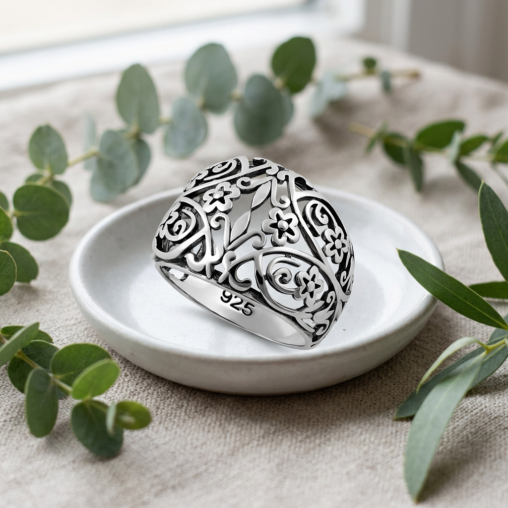 Sterling Silver 8.9mm Wide Oxidized Fleur de Lis Floral Filigree Dome Ring for Women life2