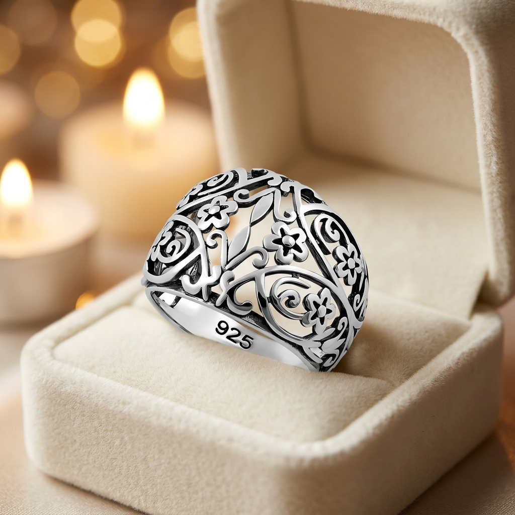Sterling Silver 8.9mm Wide Oxidized Fleur de Lis Floral Filigree Dome Ring for Women life3