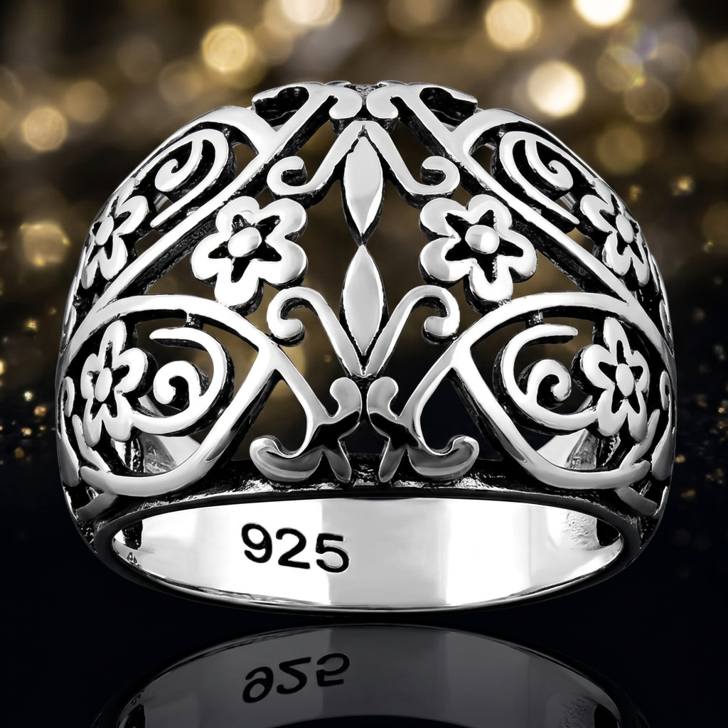Sterling Silver 8.9mm Wide Oxidized Fleur de Lis Floral Filigree Dome Ring for Women life4