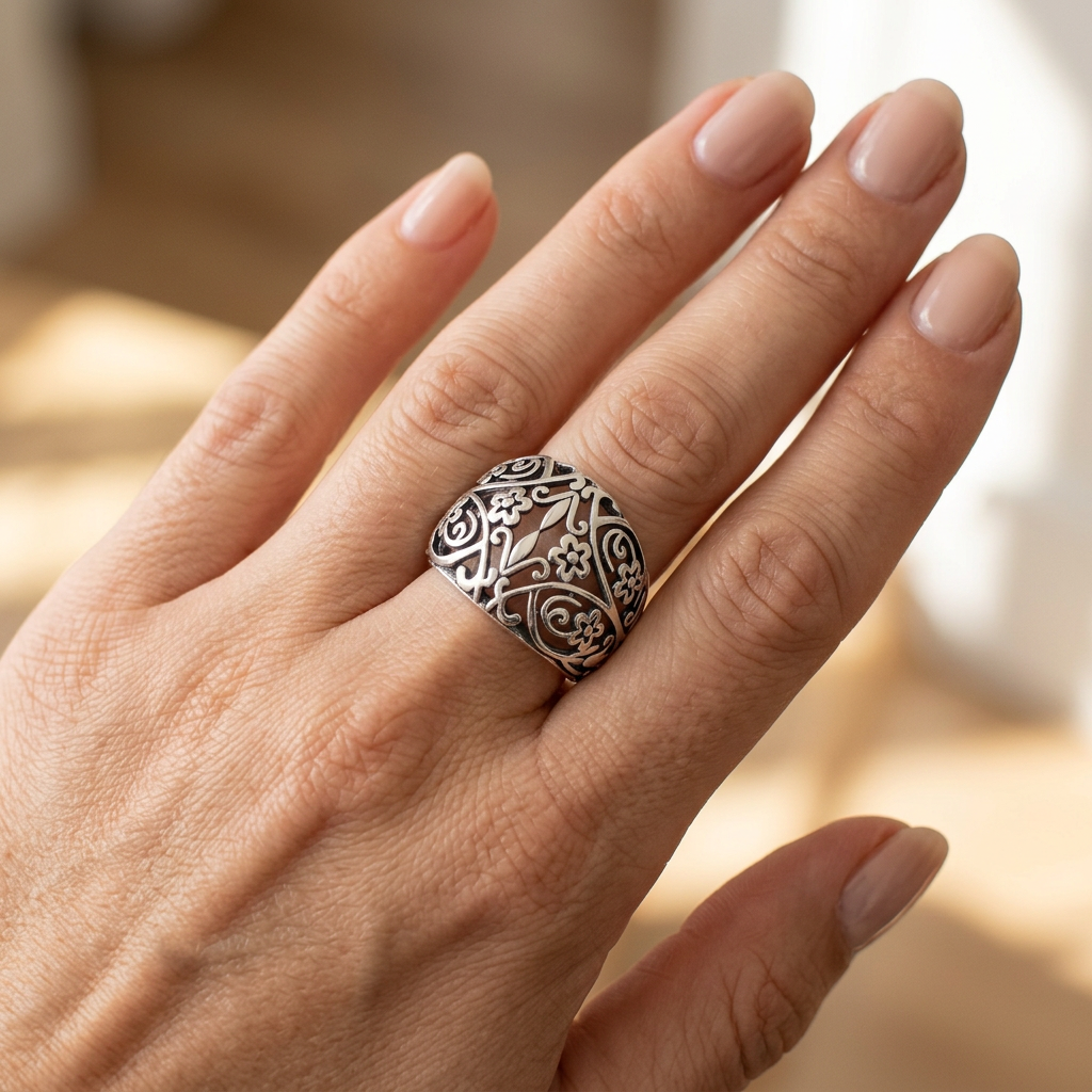 Sterling Silver 8.9mm Wide Oxidized Fleur de Lis Floral Filigree Dome Ring for Women model