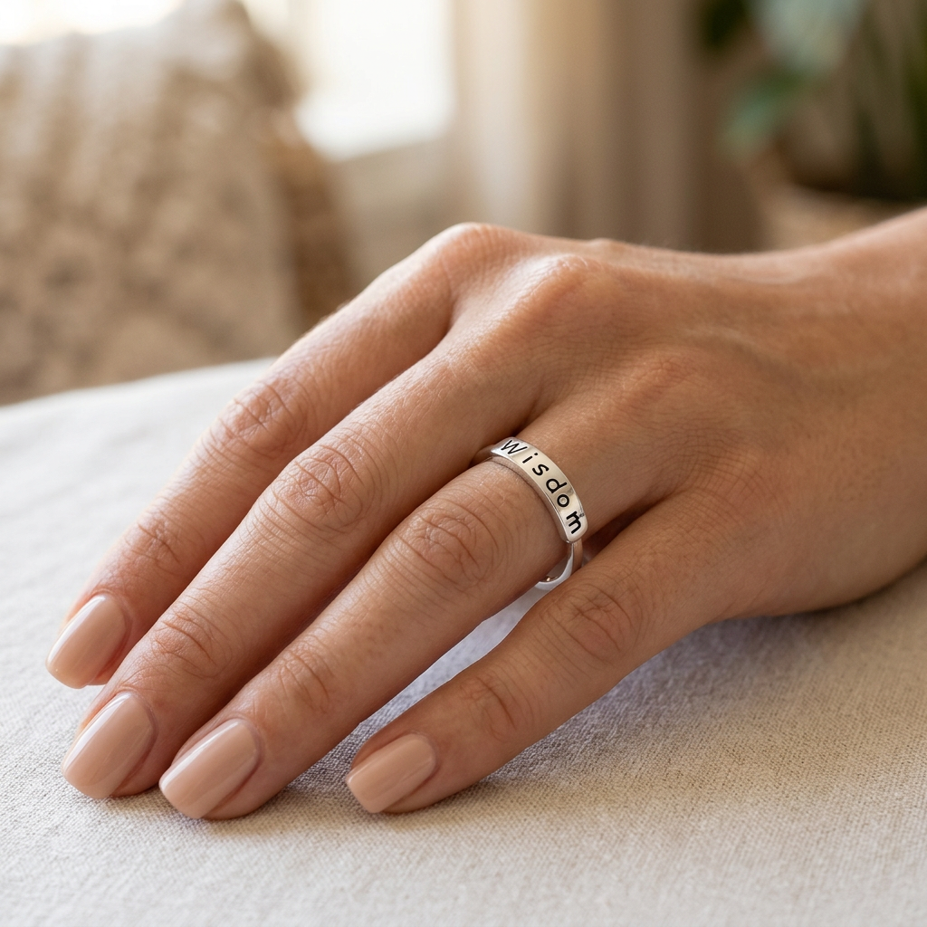 Sterling Silver Engraved Wisdom Word Bar Stacking Ring for Women model