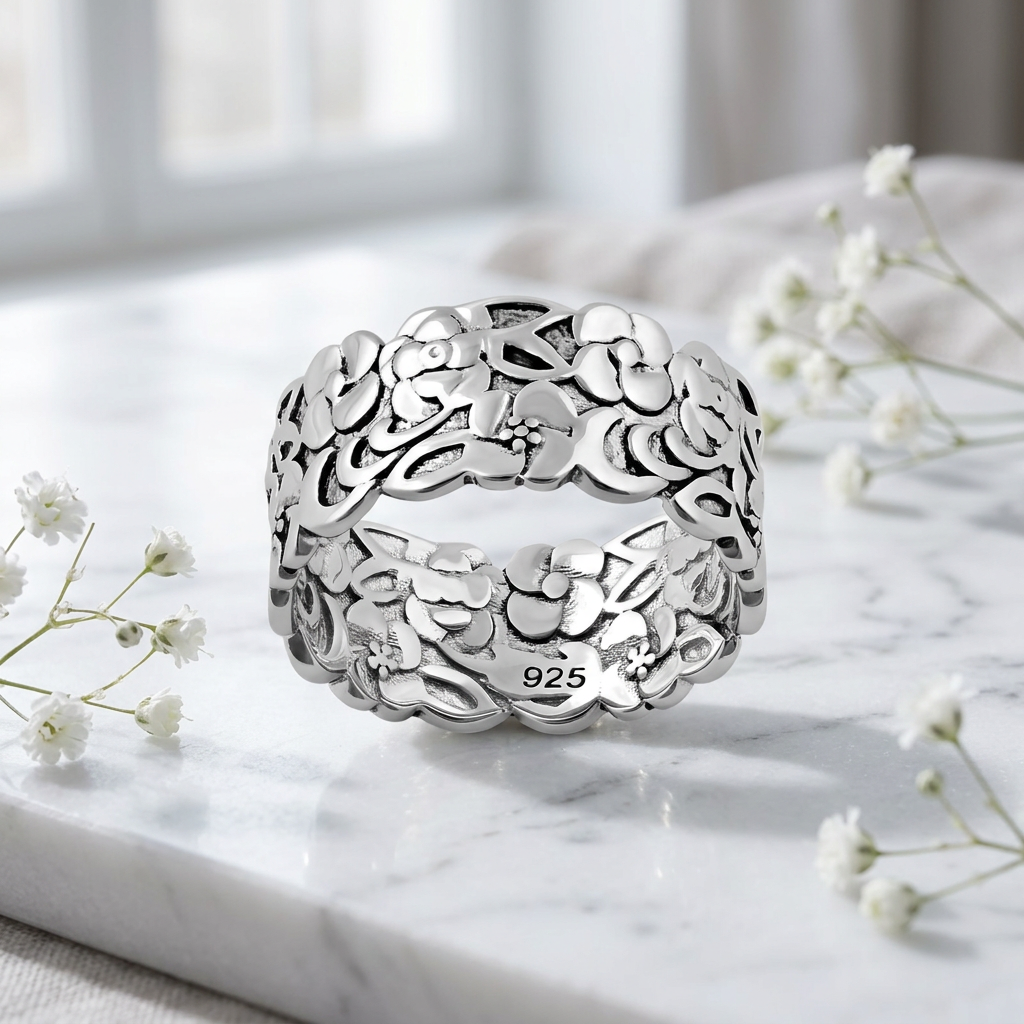 Sterling Silver 9.2mm Wide Blossom and Leaf Openwork Band Ring for Women life1