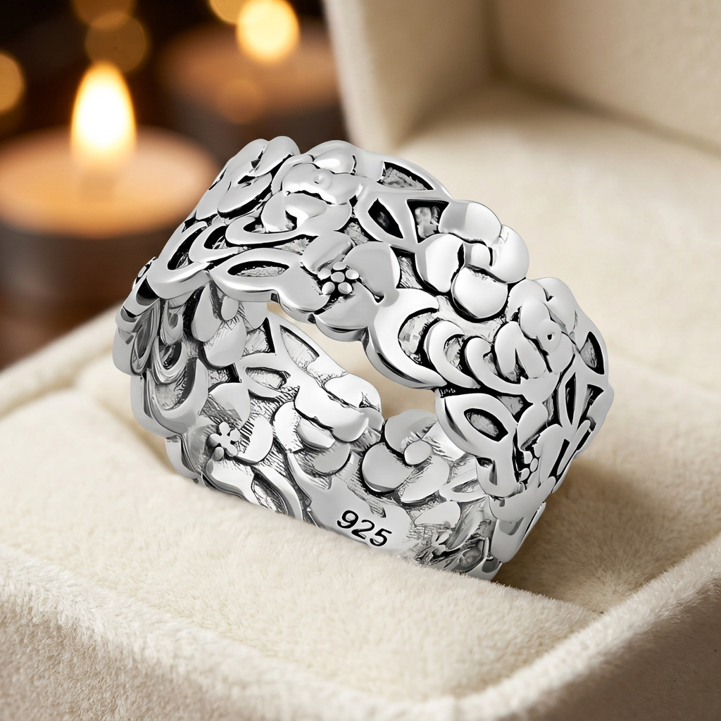 Sterling Silver 9.2mm Wide Blossom and Leaf Openwork Band Ring for Women life3