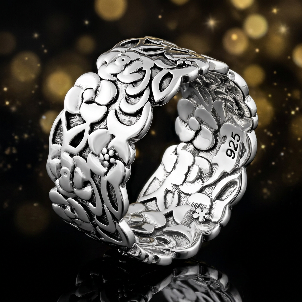 Sterling Silver 9.2mm Wide Blossom and Leaf Openwork Band Ring for Women life4