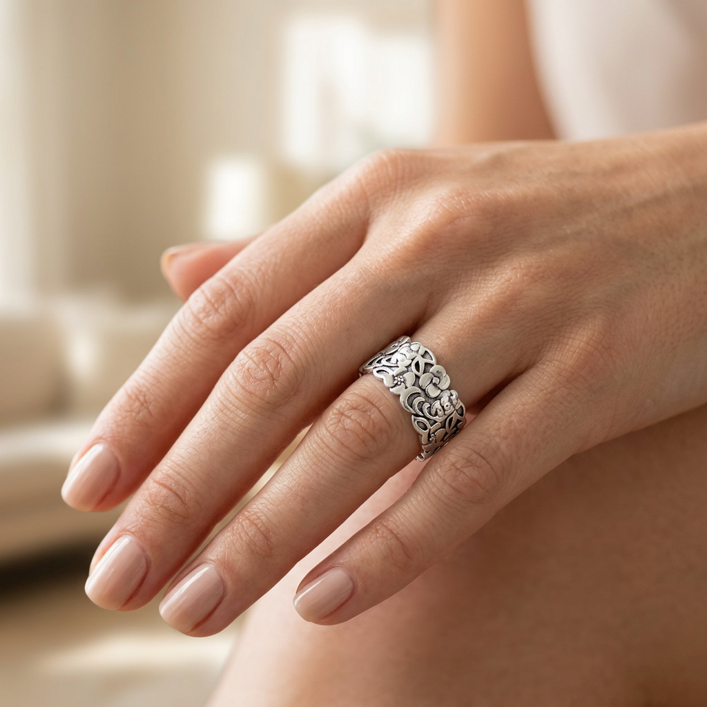 Sterling Silver 9.2mm Wide Blossom and Leaf Openwork Band Ring for Women model