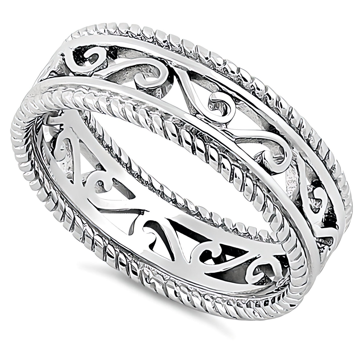 Sterling Silver 6.3mm Openwork Scroll Filigree Double Rope Edge Band Ring for Women