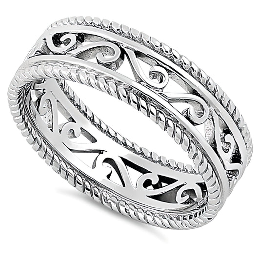 Sterling Silver 6.3mm Openwork Scroll Filigree Double Rope Edge Band Ring for Women