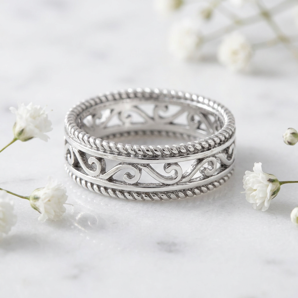 Sterling Silver 6.3mm Openwork Scroll Filigree Double Rope Edge Band Ring for Women life1