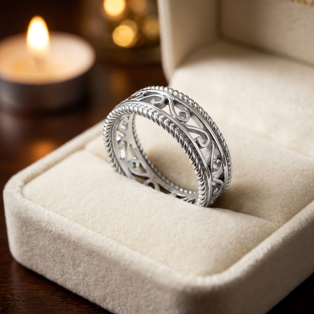 Sterling Silver 6.3mm Openwork Scroll Filigree Double Rope Edge Band Ring for Women life3