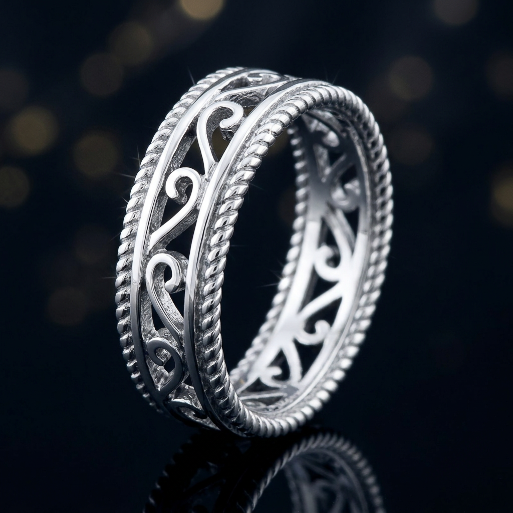 Sterling Silver 6.3mm Openwork Scroll Filigree Double Rope Edge Band Ring for Women life4